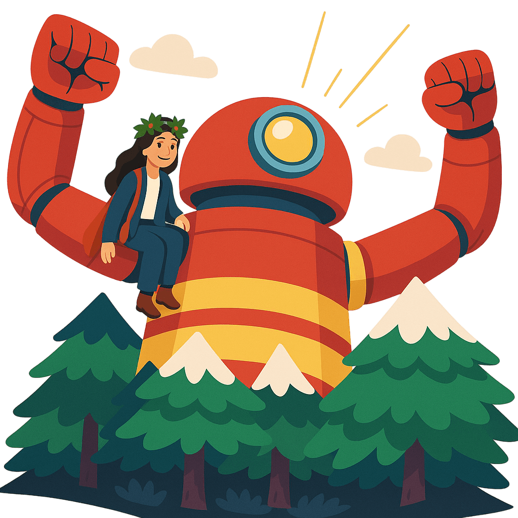 Alice Orlandini su un robot rosso nella foresta