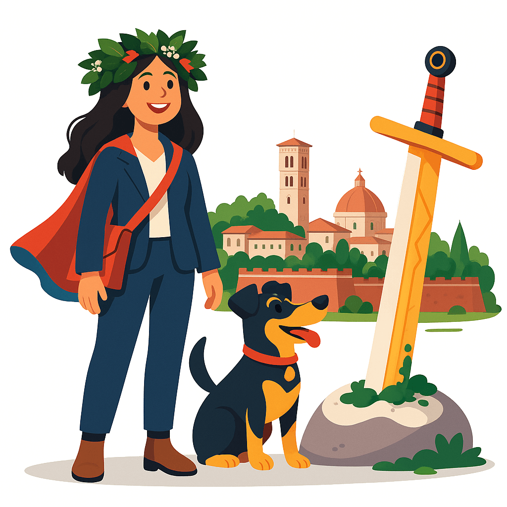 Alice Orlandini con una corona d'alloro e il suo un cane a Lucca